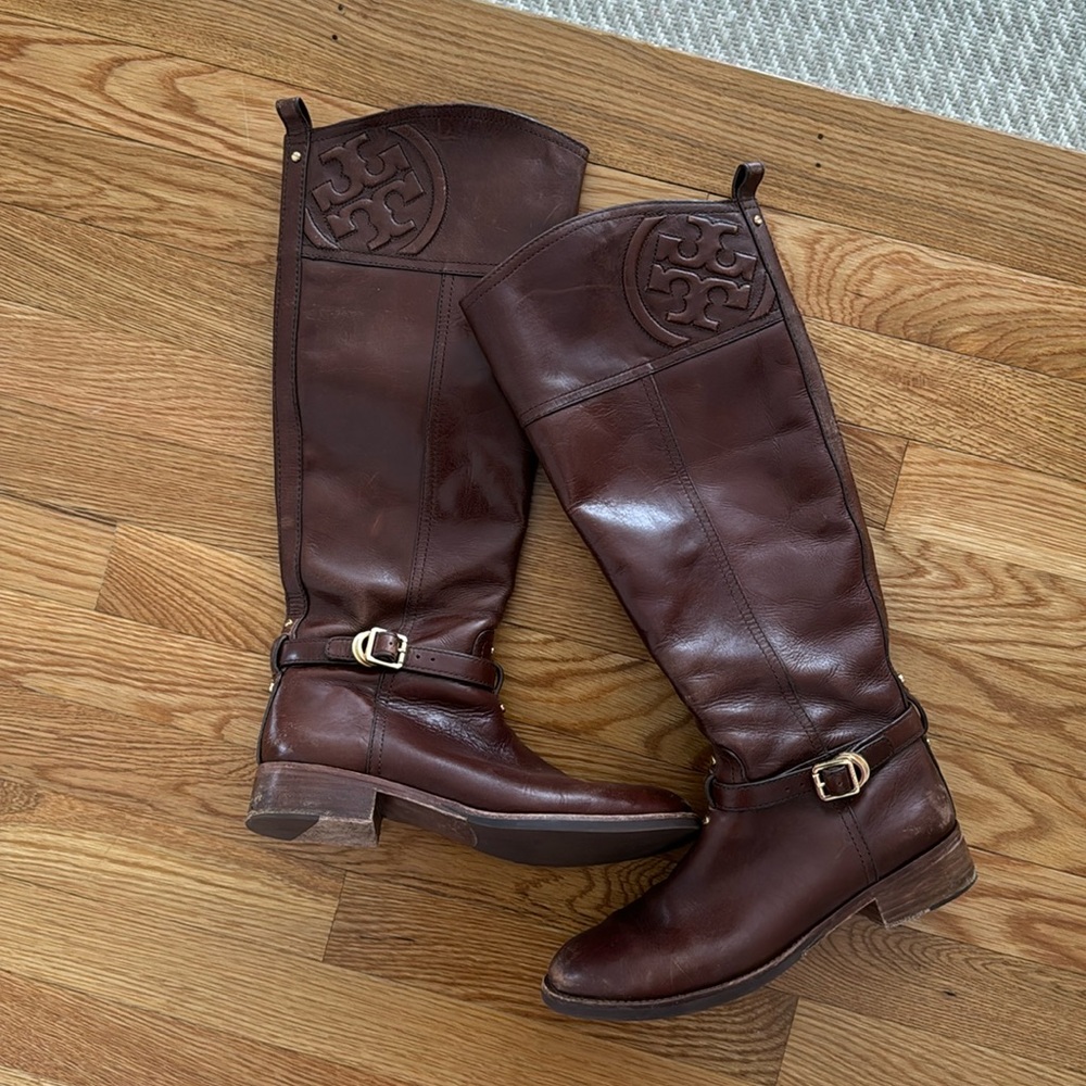 tory burch leather logo riding boots